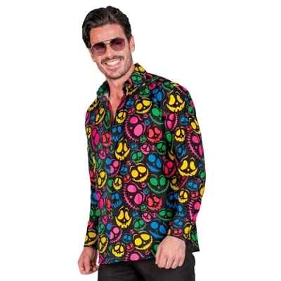 Afbeelding van Widmann Geestenhemd voor heren, zwart met neonkleurige spooksters, licht op onder uv licht, Halloween verkleedkleding