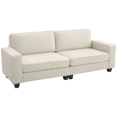 Afbeelding van HOMCOM 3 Sitzer Sofa, Couch mit Armlehnen, Rückenkissen, Wohnzimmersofa Cordbezug, Federkern, Polstersofa für Wohnzimmer, Schlafzimmer 227 x 84 87 cm, Cremeweiß