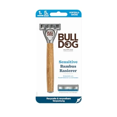 Afbeelding van BULLDOG Nat scheren voor mannen Sensitive scheermes met bamboe handvat + 4 reservemesjes 5 voudig lemmet