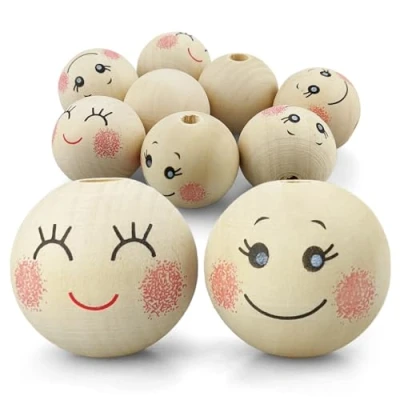 Afbeelding van Netuno 8 x houten kralen met smiling gezicht, 30 mm, natuurlijke ronde knutselkralen gat voor macramé, sieraden, decoratie, knutselen, kralen, hout gezicht ogen