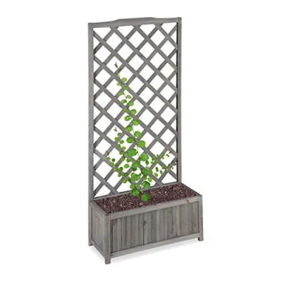 Afbeelding van Relaxdays klimrek met plantenbak, weerbestendig, hout, voor balkon, tuin, rozen, klimop, 35 l, rankhulp, grijs