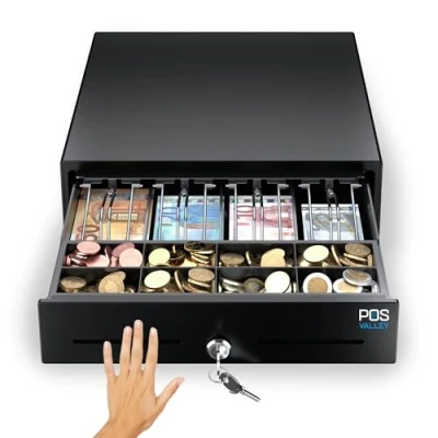 Afbeelding van POS VALLEY Kleine mini kassalade, handmatige opening met opdruk op de voorkant en sleutels, inzet voor contant geld, 4 bankbiljetten 8 munten (euro), 33 x 35 cm (zwart)