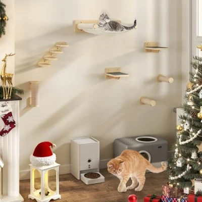 Afbeelding van YITAHOME 7 stuks wandgemonteerde klimplanken, houten kattenwandmeubels, kattenklimboom, kattenkrabber met 3 sisal bedekte zuilen/4 traps kattentrap krabpaal/hangmat