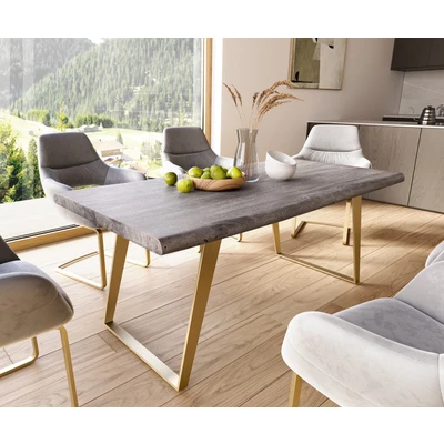 Afbeelding van Eetkamertafel Edge acacia platina 180x90 XL roestvrij staal Gold schuin Live