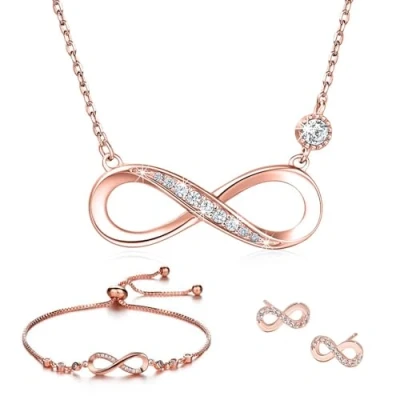 Afbeelding van Sieradensets voor dames, 925 sterling zilver, zirkonia, halsketting, armketting, oorstekers met hanger, oneindigheidssymbool, verstelbare armband, halskettingen, sieradenset verjaardag, roségoud,