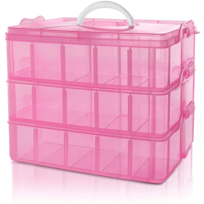 Afbeelding van Belle Vous 3 Laags Stapelbare Roze Plastic Opslag Doos Aanpasbare Compartiment Sleuven Maximaal 30 Compartimenten Container Voor het Opslaan van Speelgoed, Juwelen, Hobby en Kunst