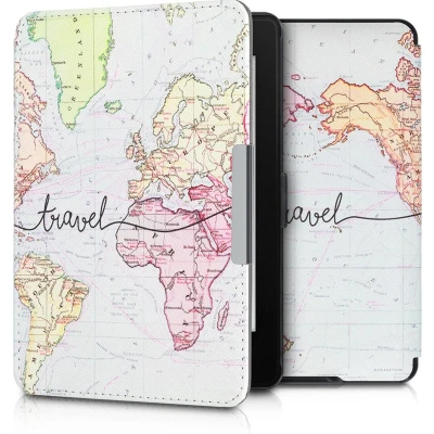 Afbeelding van kwmobile E reader hoesje geschikt voor Amazon Kindle Paperwhite hoes flip case met magnetische sluiting Ereader cover Travel Wereldkaart design in zwart / meerkleurig