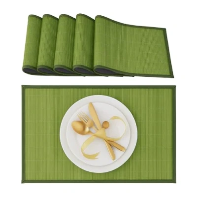 Afbeelding van Relaxdays placemat set van 6 afwasbaar bamboe onderleggers tafelonderleggers stof groen