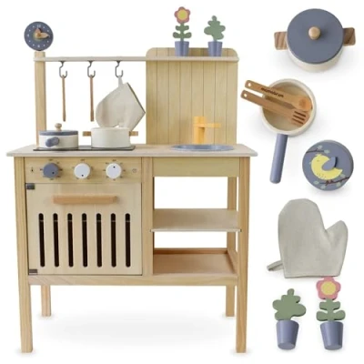 Afbeelding van Mamabrum houten kinderkeuken 3+ jaar, speelgoed, tuinkeuken in boho stijl met accessoires, om thuis en de tuin te spelen, rollenspelen kok
