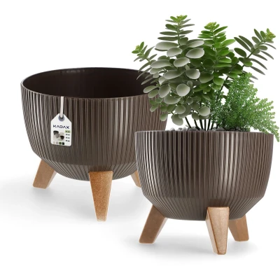 Afbeelding van Kadax Bloempot, van kunststof, met drie insteeksteunen, rond, bloemenschaal, plantenbak, bloembak, voor balkon, woonkamer, 24 cm diameter, bruin