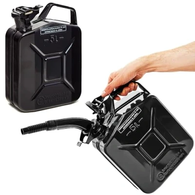 Afbeelding van BW® Brandstofjerrycan, metaal, jerrycan, 2 x 5 liter, met schenktuit, zwart, RAL 9005, TÜV getest en VN goedkeuring, Made in Europe