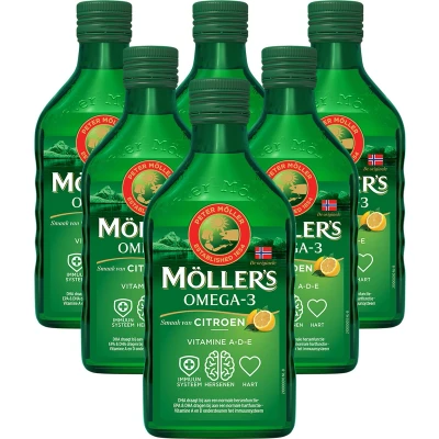 Afbeelding van Möller’s Omega 3 Levertraan citroen 6 x 250ml visolie vloeibaar met smaak van