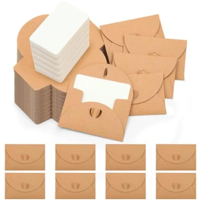 Afbeelding van Omtofo 60 stuks mini enveloppen met blanco kaarten, kleine envelop hartsluiting, kaart voor doe het zelf bedankkaarten, cadeaukaarten, verjaardagskaarten