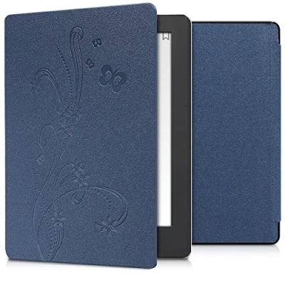 Afbeelding van kwmobile e reader hoesje compatibel met Kobo Aura H2O Edition 2 Magneetsluiting Ereader case Stengels en Vlinder in donkerblauw