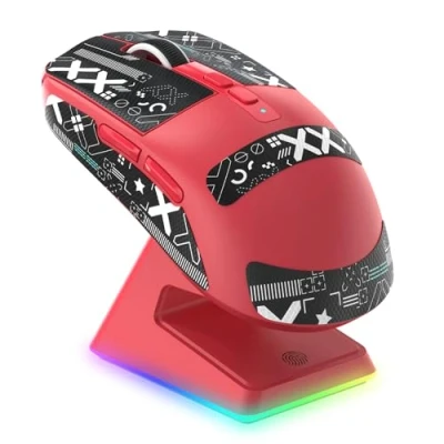 Afbeelding van VGN GAMEPOWER Superlight X6 draadloze gamingmuis, oplaadstation, 49 g, ultralicht, 26000 dpi, sensor PixArt 3395, 2,4 G/bedraad/Bluetooth, batterij 200 uur, Mouse Grip Tape, Rood