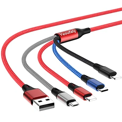Afbeelding van Yeoufaly 3A Multi USB Oplaadkabel 4 in 1 Snel Oplaadsnoer met 2 iOS/Type C/Micro Poort Laadkabel, Compatibel Phone 12 11 Pro Xs Xr X 8 7 6 Plus, Samsung Galaxy, LG, Google Pixel 1.2M