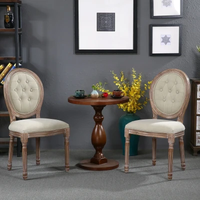 Afbeelding van Lot van 2 Louis XVI stoelen in medaillonstijl, gepatineerd hout en beige gewatteerde stof Menzzo
