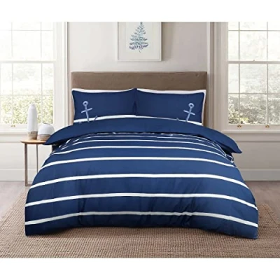 Afbeelding van Sleepdown Sailor Gestreepte Nautisch Blauw 100% Katoen Plain Reverse Dekbedovertrek Quilt Kussensloop Beddengoed Set Zacht Gemakkelijk te onderhouden Dubbel (200 cm x 200 cm)