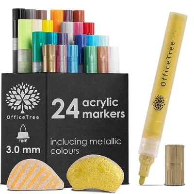 Afbeelding van OfficeTree 24 acrylstiften incl. 5 metallic kleuren voor stenen waterdicht acrylverf pennen watervaste stiften kinderen, hobbykunstenaars en kunstenaars