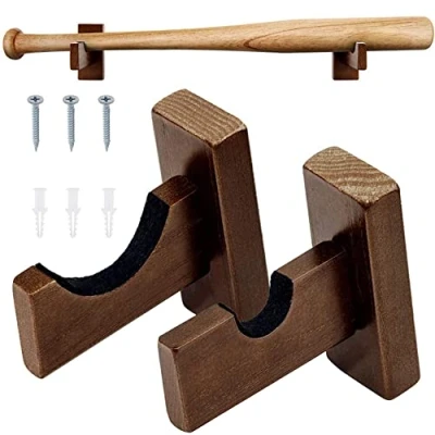 Afbeelding van honkbalknuppel muursteun, 2 stuks softbal vleermuis horizontale rekbeugel met vilten voering muurbevestiging voor honkbal, softbal, hockeystick vitrine (bruin)