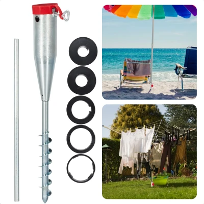 Afbeelding van Cheqo® Parasolstandaard voor in de Grond Parasolvoet Grondboor Parasol Parasolhouder Schroefmodel Grondanker Ook Droogmolen Lengte 56cm Diameter 65mm Gegalvaniseerd Met 5 Adapters