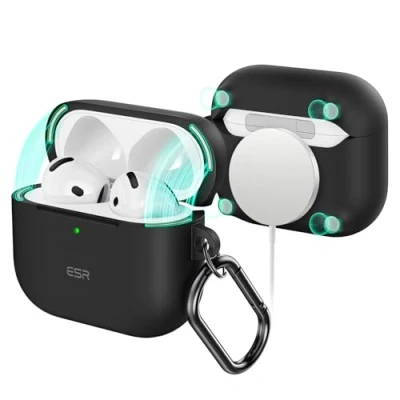 Afbeelding van ESR AirPods Case (2024, 4e generatie), compatibel met generatie (USB C/Lightning kabel), MagSafe, volledige valbescherming, cloud serie, zwart