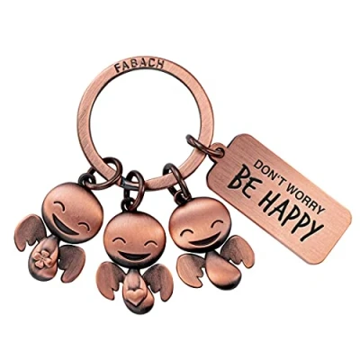 Afbeelding van FABACH Beschermengel sleutelhanger Happy Trio met gravure geluksengel geschenk engel geluksbrenger motivatie Don&#039;t worry be happy, antiek roségoud., Eén maat