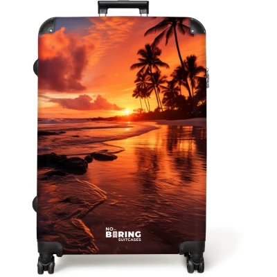 Afbeelding van NoBoringSuitcases.com® Koffer groot Reiskoffer lichtgewicht Palmbomen bij zonsondergang Rolkoffer met 4 wielen Grote trolley XL 98 liter bagage