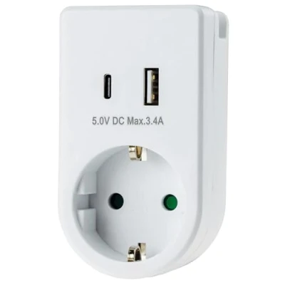 Afbeelding van Stopcontactadapter USB C A adapterstekker 230V geaarde contactdoos met 5V laadadapter 3,4A wit