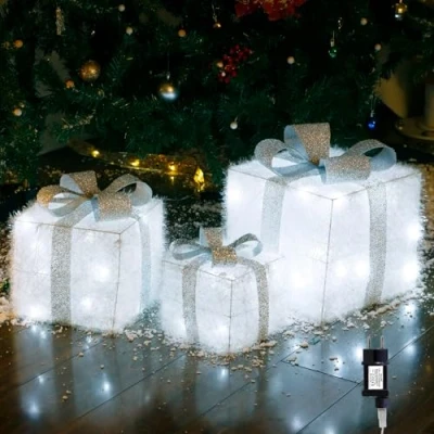 Afbeelding van CCLIFE CushHom Geschenkdozen met ledlicht, kerstdoos licht, verlichte geschenkdoos voor kerstboom, thuis, kerstdecoratie, 3 stuks