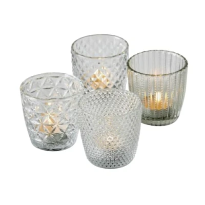 Afbeelding van Boltze Marilu 1014419 Lantaarn, set van 4 (transparant, decoratieve glazen voor kaarsen/theelichtjes, kaarsenhouder, diameter 8 cm, verschillende patronen, ronde vorm, theelichthouder) 1014419,