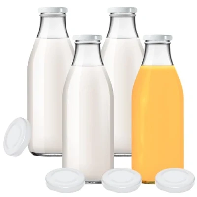 Afbeelding van 4 glazen flessen 1000 ml sapflessen melkflessen met 8 deksels wit incl. etiketten