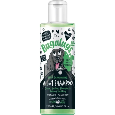 Afbeelding van Bugalugs hondenshampoo alles in 1 reinigt, kalmeert, voedt en verharing vermindert met een geur van wilde citroengras.