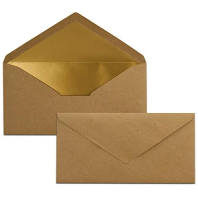Afbeelding van 100 enveloppen DIN lang vintage met goud metallic binnenvoering 110 x 220 mm nat lijmen feestelijke voor uitnodigingen
