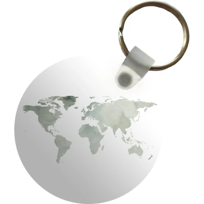 Afbeelding van Sleutelhanger Wereldkaart Grijs Simpel Plastic Rond Uitdeelcadeautjes