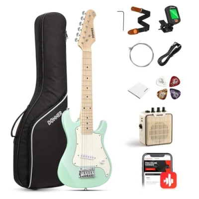 Afbeelding van Donner 30 Inch Kids Junior Elektrische Gitaar Beginner Kit ST Stijl Mini Premium Bundel met Amp, Tuner, Capo, Tas, Riem, String, Kabel (DSJ 100, mintgroen)
