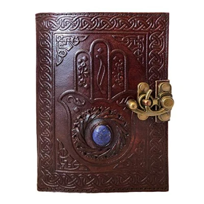 Afbeelding van OVERDOSE HAMSA HAND EMBOSSED met STONE Journal Handgemaakt Antiek Notitieboek Voor Studenten Kantoor Reizen Mannen Vrouwen Dagboek Schetsboek Tekening Notebook Formaat 5x7 inch 12x17 cm A6