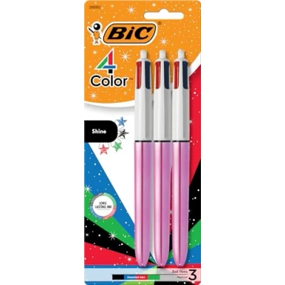 Afbeelding van BIC 4 Color Grip Ballpoint Pen, Blue Barrel, Medium Point (1.0mm), Assorted Inks, 3 Count