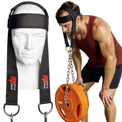 Afbeelding van MuscleForge® Hoofdband voor nektraining met ketting en karabijnhaak, nektrainer, halshoofdharnas box MMA, nekharnas, hoofdcup bij gewichtheffen worstelen