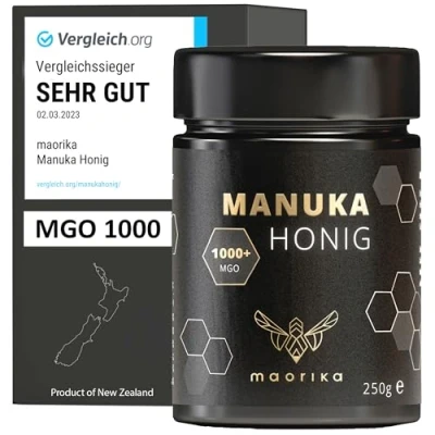 Afbeelding van Manuka Honing 1000 MGO + 250 g in glas (ondoorzichtig, geen plastic) laboratorium getest, gecertificeerd uit Nieuw Zeeland Maorica