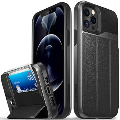 Afbeelding van VENA vCommute Portemonnee hoesje compatibel met Apple iPhone 12 / Pro (6,1 inch (militaire valbescherming), lederen fliphoesje, kaartsleuf en standaard, grijs (Space Grey)