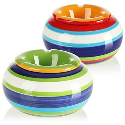 Afbeelding van COM FOUR® 2x windasbakken van dolomietkeramiek in blauw, geel, groen, rood, elk met kleurrijke strepen (02 stuks Ø 14 cm gekleurd)