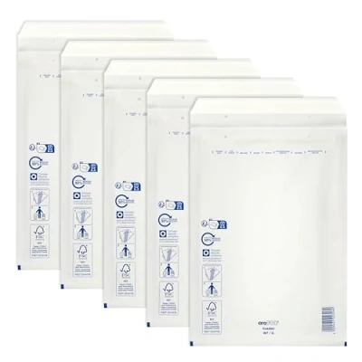 Afbeelding van ÖKI Luchtkussenzakken bubble enveloppen incl. zelfklevende strips, 5 stuks, A4 luchtkussenzakken, gewatteerde enveloppen, verzendtassen, wit