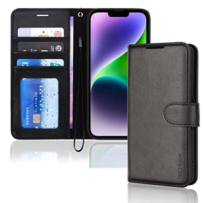 Afbeelding van TECHGEAR iPhone 14 lederen portemonneehoesje, flip beschermhoes met portemonnee kaarthouder, standaard en polsband zwart PU leer magnetische sluiting voor 6,1 inch
