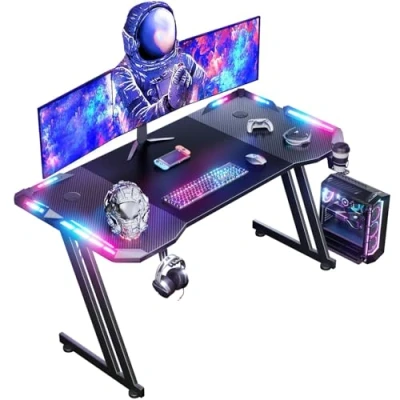 Afbeelding van HLONONE 120 x 60cm Gaming Bureau met LED, Gamingtafel koolstofvezel tafelblad, Ergonomische PC tafel voor studie, spelen en werken, Z vorm, Computerbureau Bekerhouder Hoofdtelefoonhaak, Zwart