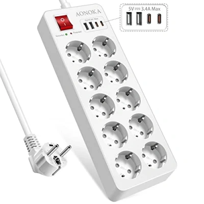Afbeelding van Stekkerblok 10 voudig met Overspanningsbeveiliging, stekkerdoos Schakelaar en USB C, Stopcontacten,4 laadcontactdoos,Voedingsbord, Stopcontactverdeler,Verdelercontactdoos 1,5m Verlengkabel