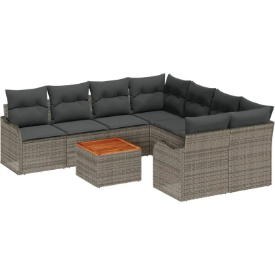 Afbeelding van vidaXL 9 delige Tuinsofa Set met Kussens in Grijze Poly Rattan en Acacia