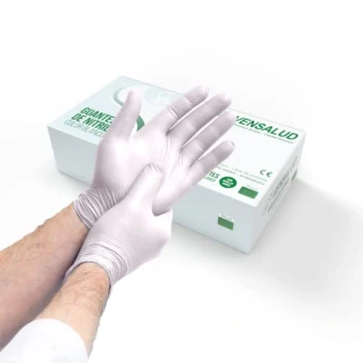 Afbeelding van VENSALUD NITRILE Wegwerphandschoenen Powder Free Resistent Voor laboratoria, sanitair, keuken, tattoo studio&#039;s, veterinaire, schoonmaak Latex Verpakking 100 st. Wit Maat L