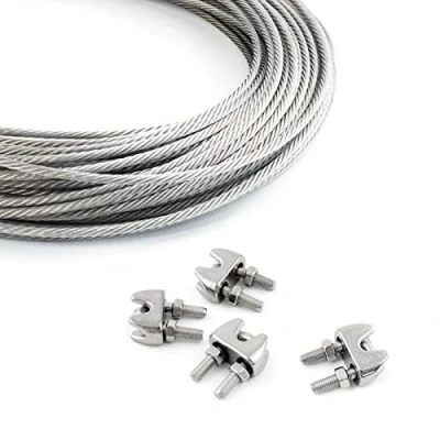 Afbeelding van 10 m staalkabel roestvrij staal Koord SET 4mm 7x7 + 4 beugels V4A Inox VA kabel roestvrije klemmen klem