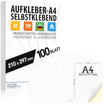 Afbeelding van Zelfklevende DIN A4 etiketten, 210 x 297 mm, universeel bedrukbaar, mat wit oppervlak, compatibel met inkjet en laserprinters, stickers voor vele toepassingen, uit Duitsland
